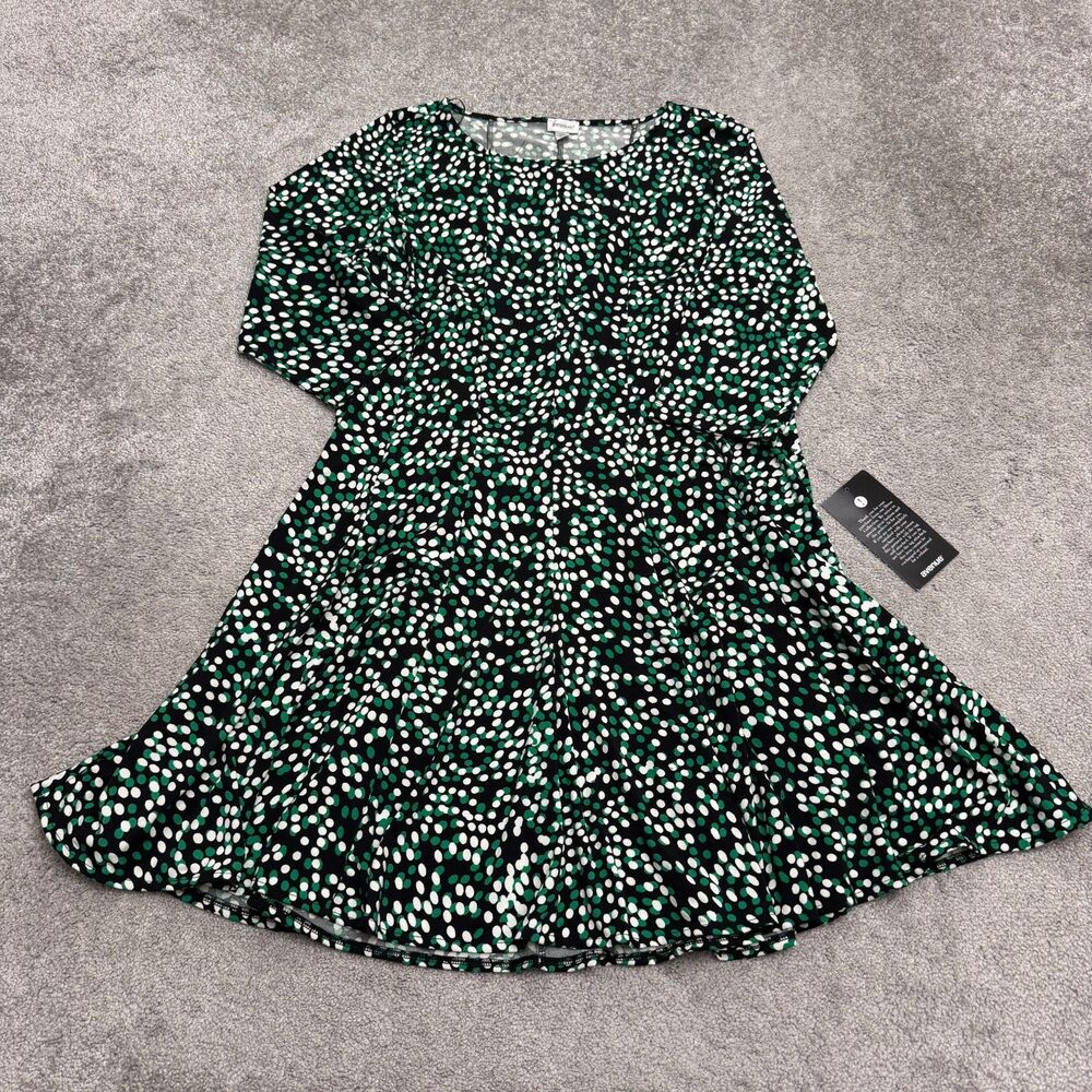 Avenue 3/4 Sleeve Fit Flare Dress Women 18/20 Green White Polka Dot Stretch NWT